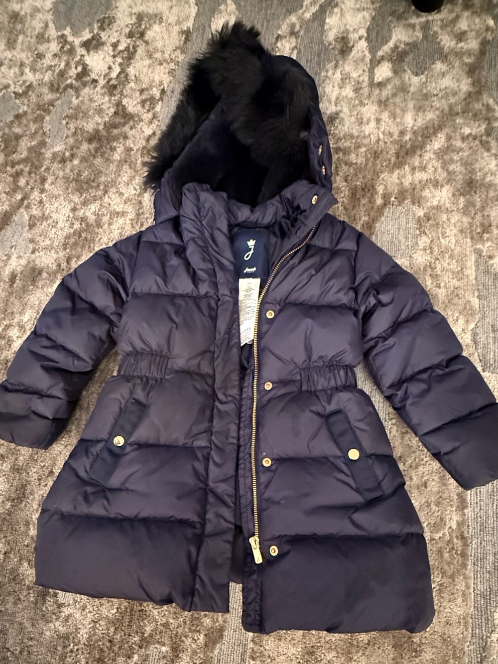 Jacadi Down Jacket Kids Faux Fur Hooded Puffer Jacket - Navy Sz 4 (104cm)